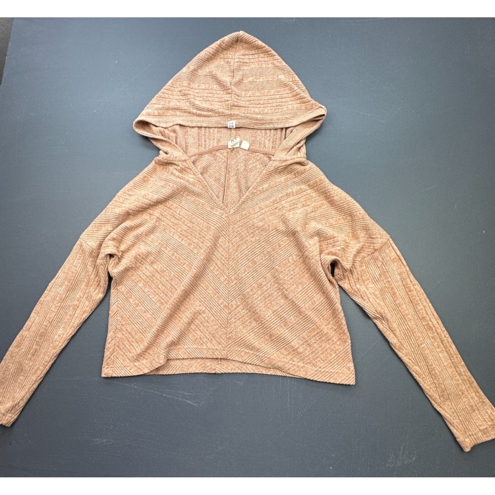 Roxy Women's Small Hooded Crop Sweater Top Tan Lightweight Ribbed Hoodie Boho